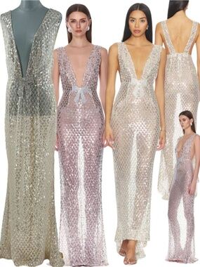 🆕 BRONX & BANCO 🧿 NWOT Liora Crystal Bridal Maxi Dress, Silver - Sz XL US 10